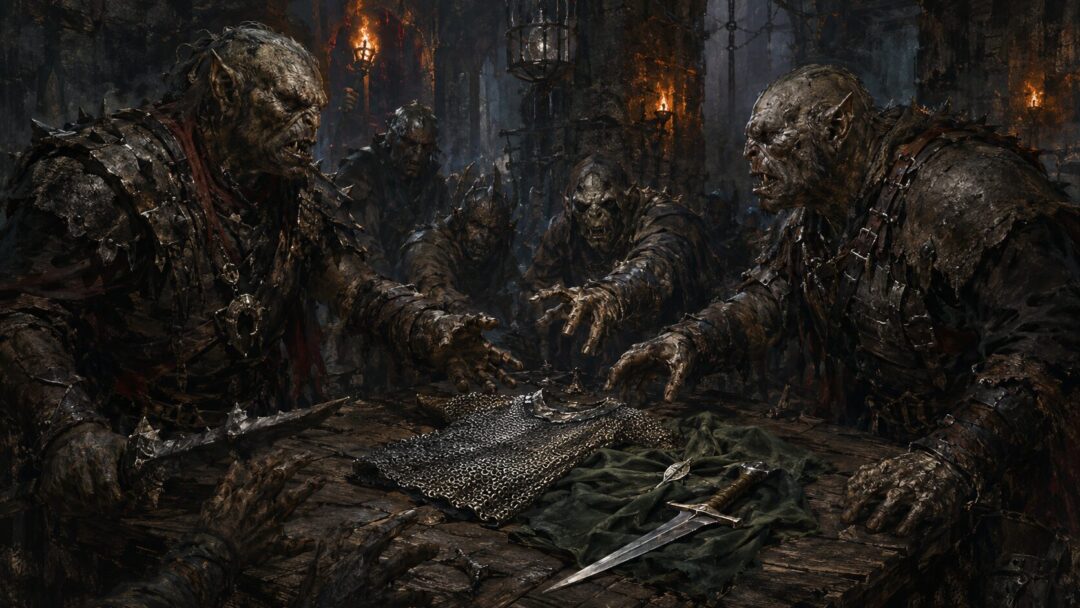 Orcs quarrel over Frodo’s mithril-shirt and possessions inside the Tower of Cirith Ungol.