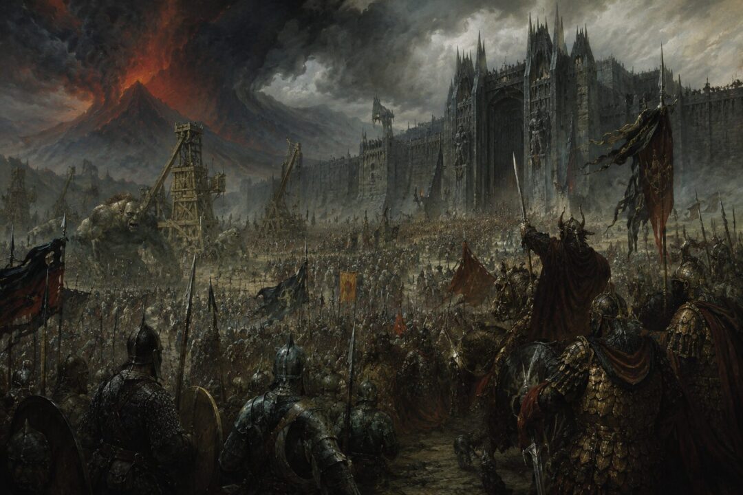 Vast armies of Mordor gathered before the Black Gate under dark skies