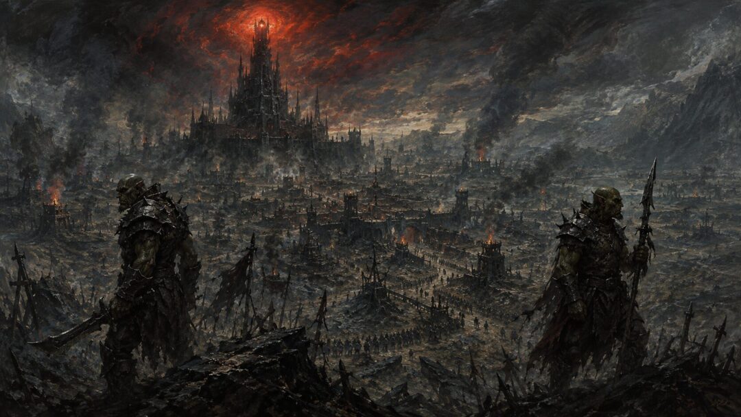 Orc silhouettes stand divided beneath the distant fiery power of Mordor and Barad-dûr.
