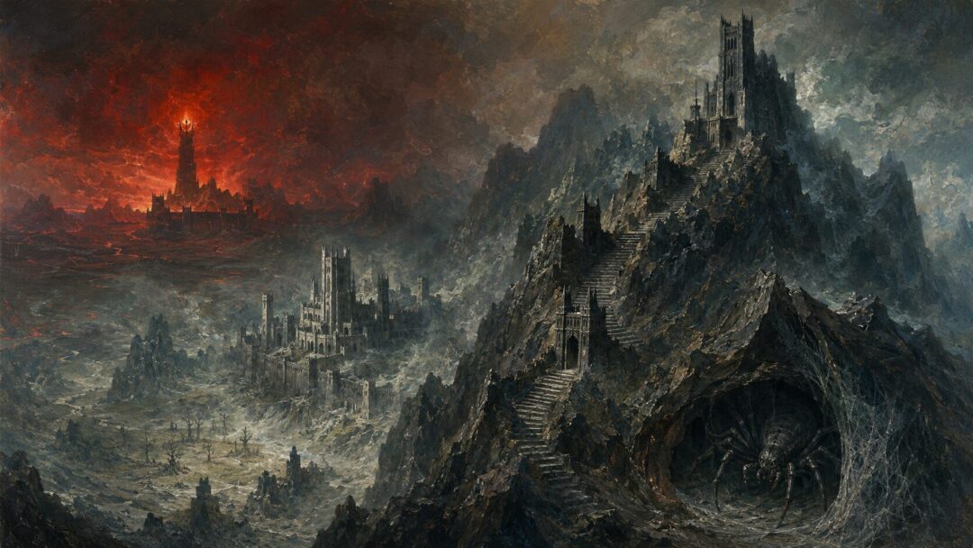 A fantasy landscape showing Mordor’s layered defenses from the Black Gate to Shelob’s hidden lair