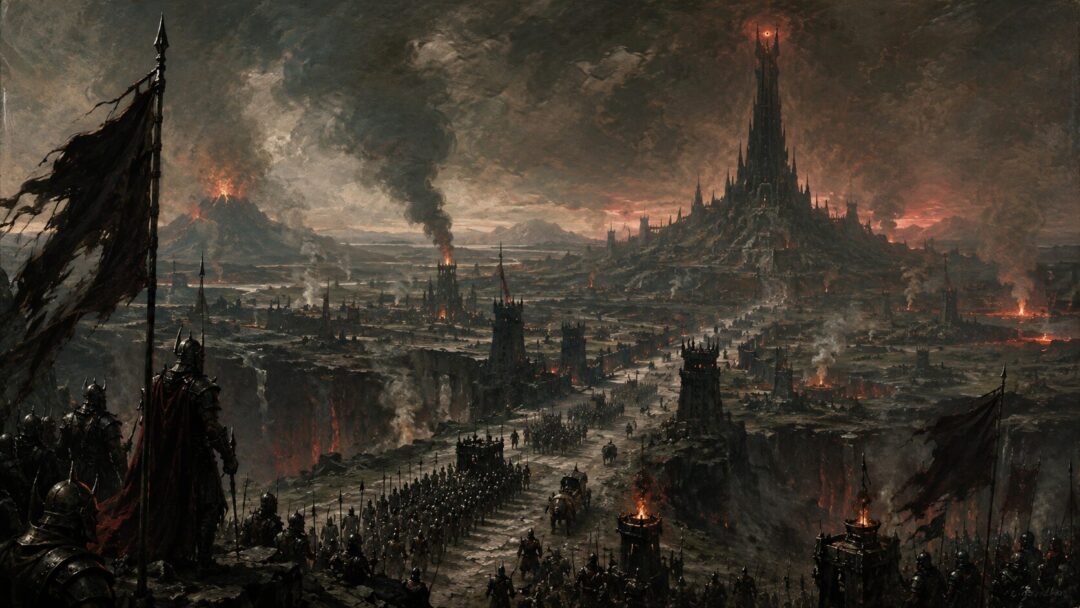 Mordor shown as an organized realm of war and command beneath the shadow of Barad-dûr.