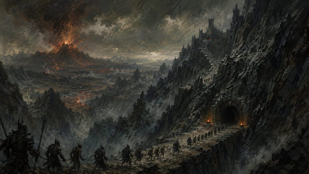 Orc silhouettes driving prisoners toward Shelob’s tunnel beneath the cliffs of Cirith Ungol