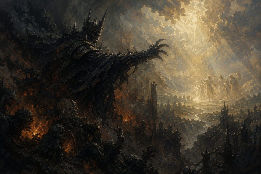 Symbolic image of Morgoth surrounded by corruption but unable to create true life.