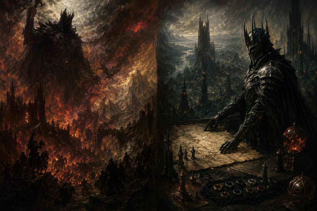 Symbolic comparison of Morgoth's destructive chaos and Sauron's organized domination in Middle-earth