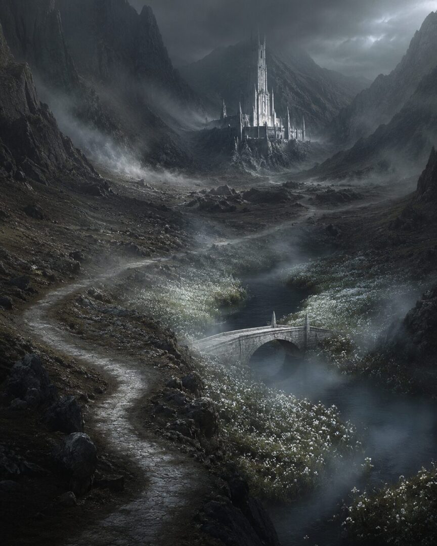 The Morgul Vale with a pale road, white bridge, poisoned meads, and Minas Morgul rising in the mountains.