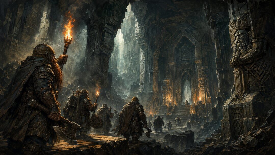 Dwarven expedition cautiously reoccupying torch-lit halls of Khazad-dûm with fragile hope