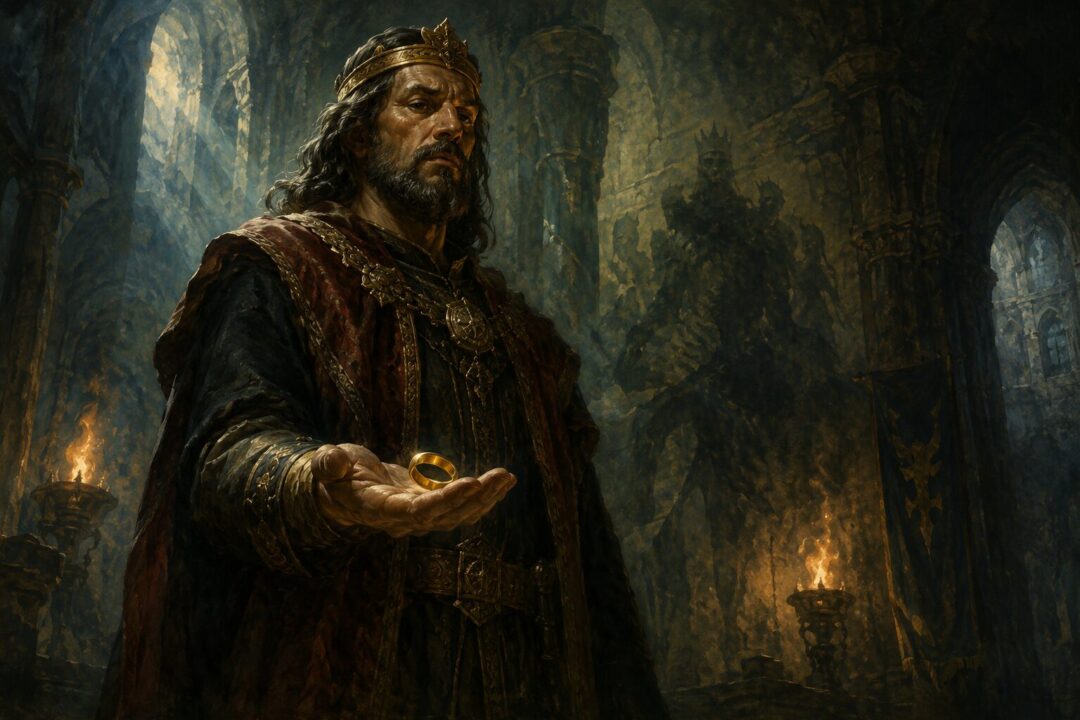 A proud mortal king holds a golden Ring of Power in a shadowed stone hall.