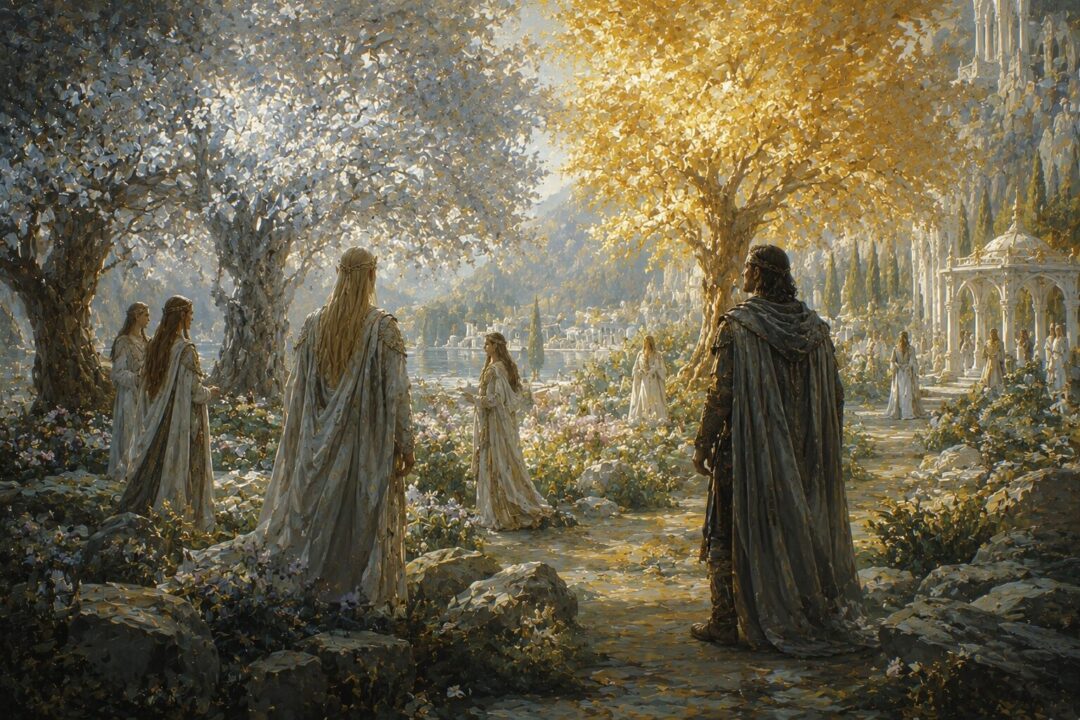 A mortal traveler among the immortal beauty of Valinor beneath the light of the Two Trees.
