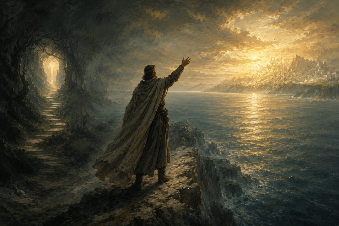 Symbolic depiction of a mortal facing the unseen destiny beyond the Circles of the World.