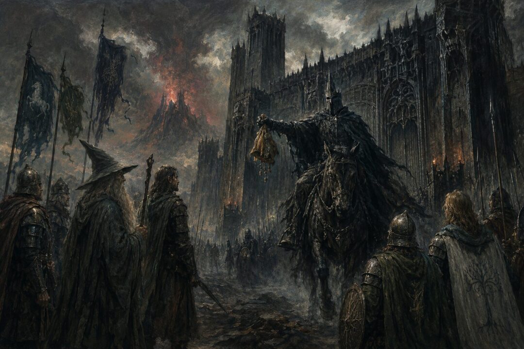 The Mouth of Sauron displays stolen hobbit belongings before Gandalf, Aragorn, and the Captains of the West at the Black Gate.