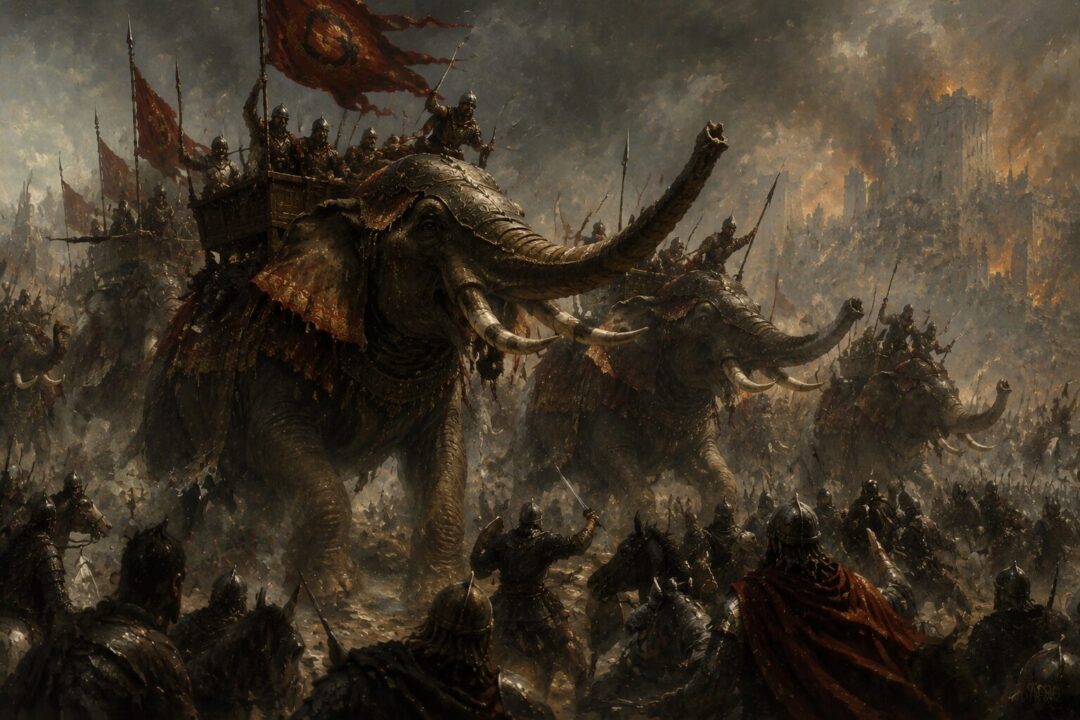 Haradrim riding mighty mûmakil during the Battle of the Pelennor Fields.