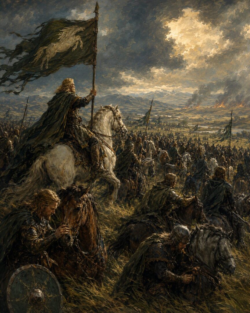 The riders of Rohan gather across windswept grasslands before answering Gondor’s call.