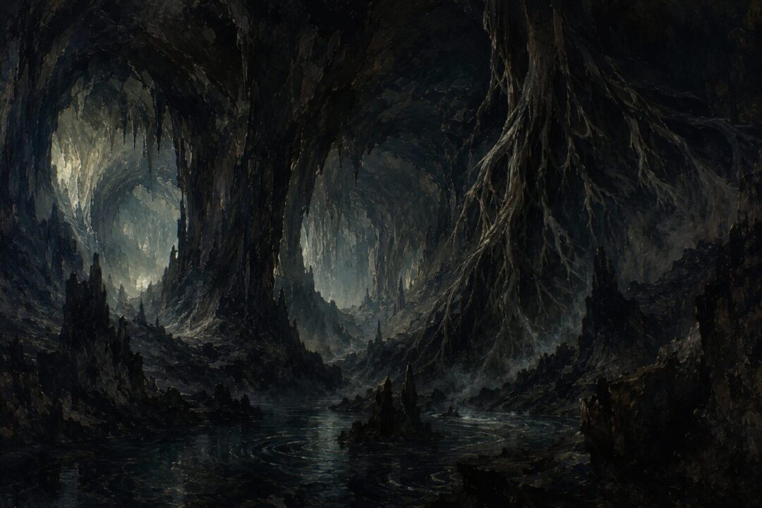 Dark underground caverns suggesting the unseen nameless things beneath Middle-earth