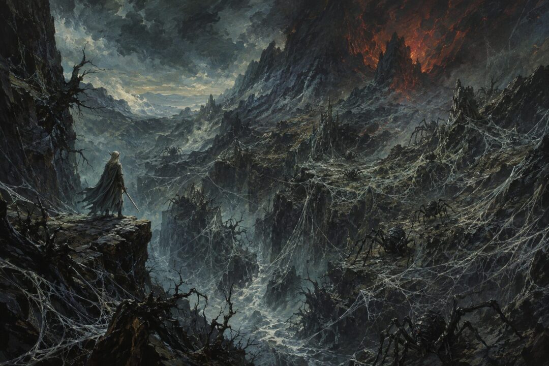 Ancient spider creatures haunt the web-filled ravines of Nan Dungortheb beneath the Ered Gorgoroth.