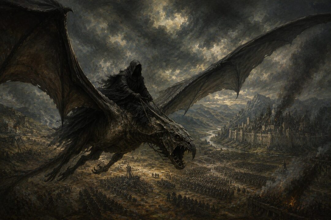 A Nazgûl riding a fell beast high above the lands of Gondor during the war