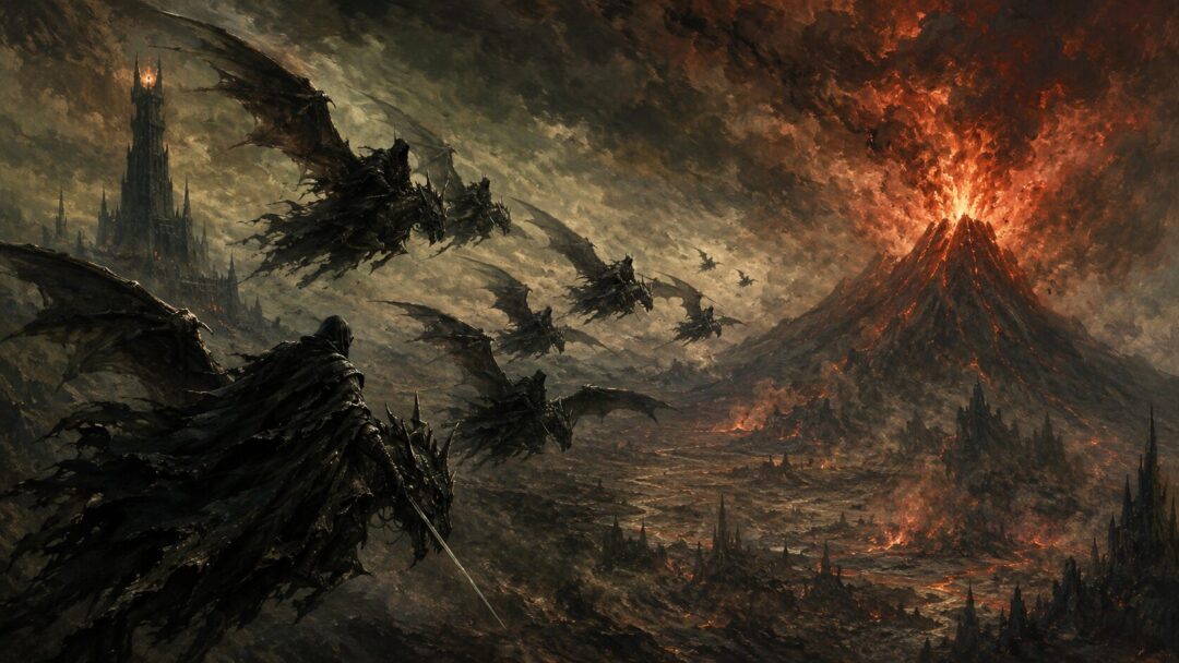 The remaining Nazgûl race toward erupting Mount Doom as the One Ring is destroyed.