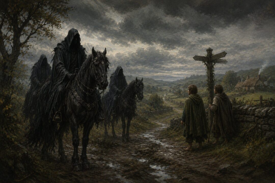 Black Riders moving through the countryside while secretly searching for the One Ring