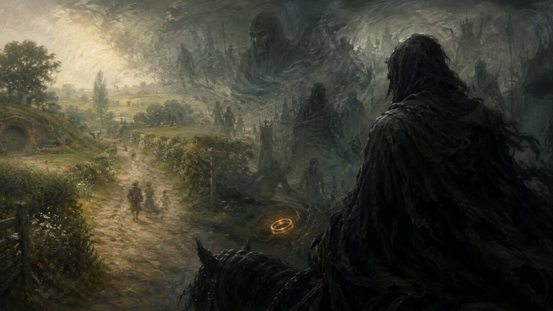 A symbolic vision shows how a Nazgûl might perceive living shadows and the pull of the Ring through the unseen world.