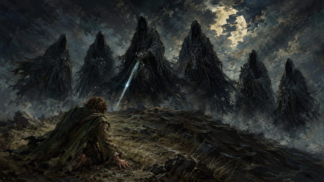 Five Nazgûl gather on a dark hilltop as a wounded hobbit begins to slip toward the wraith-world.