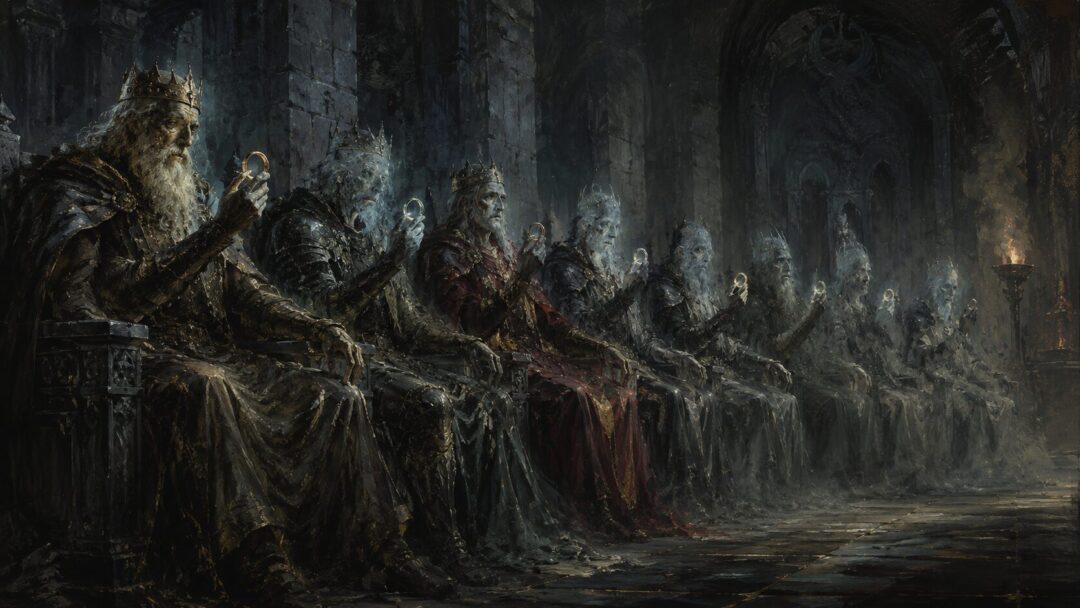 Nine ancient mortal rulers fade beneath robes and armor as their rings bind them to shadow.