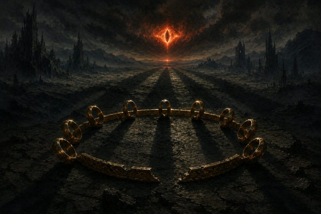 Nine golden rings form a broken crown casting shadows toward a distant fiery glow.
