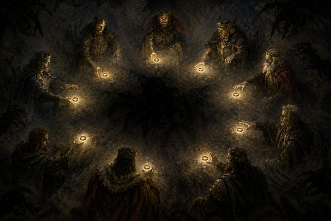 Nine mortal rulers reach toward Rings of Power under a looming unseen shadow.
