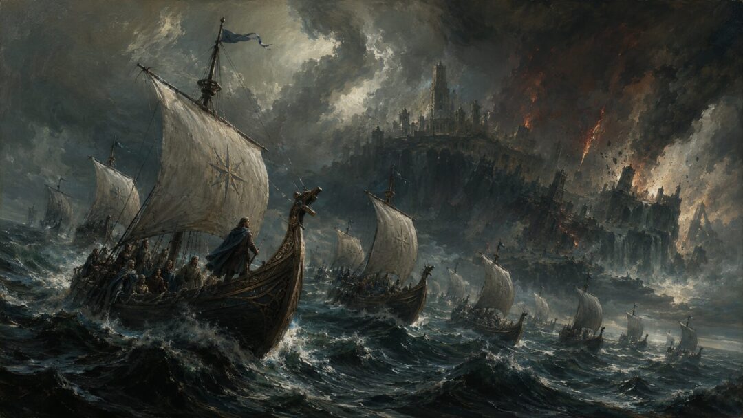 Nine ships of the Faithful flee Númenor across a stormy sea as the island disappears behind them.