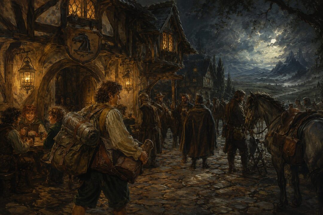 Nob carrying travelers' belongings outside the Prancing Pony in Bree at dusk.