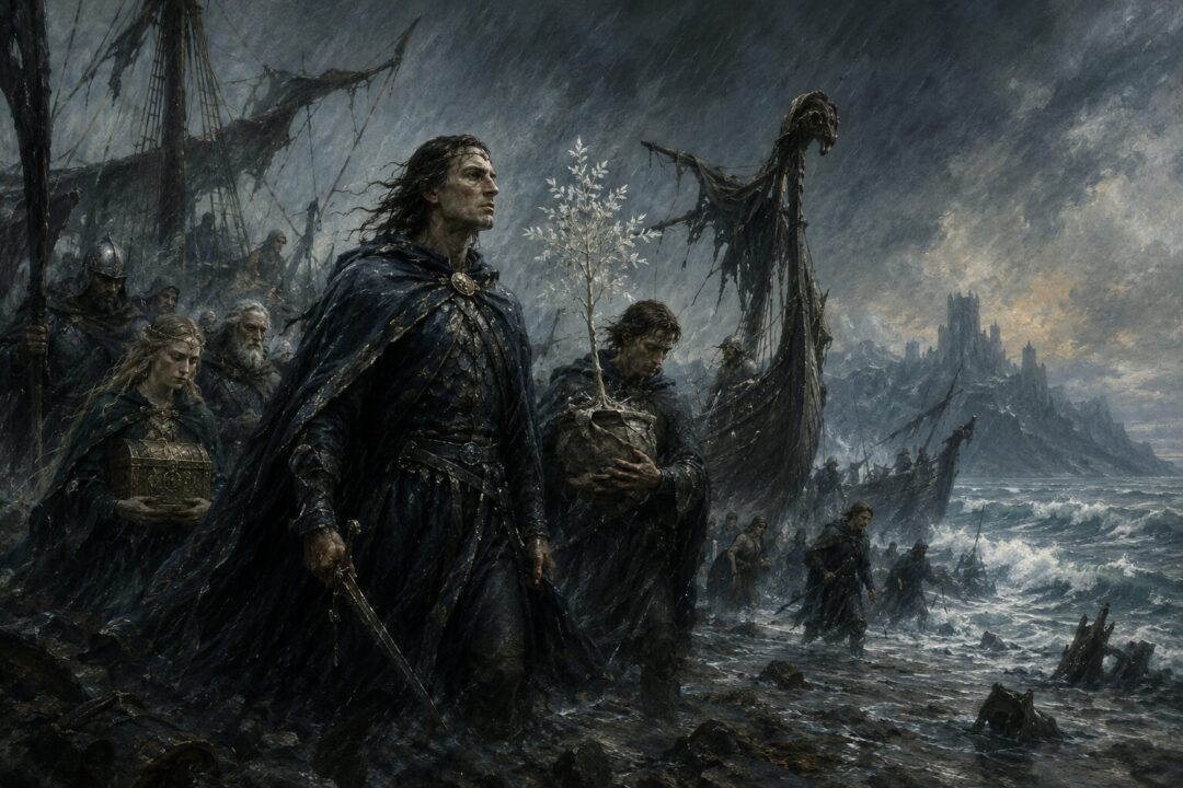 Proud Númenórean ships gather in a great harbor beneath an ominous storm sky before the Downfall.