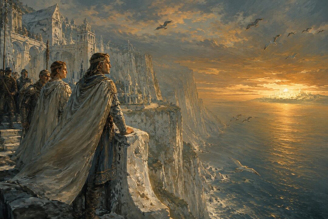 Númenórean nobles looking west across the Great Sea toward the distant Blessed Realm.