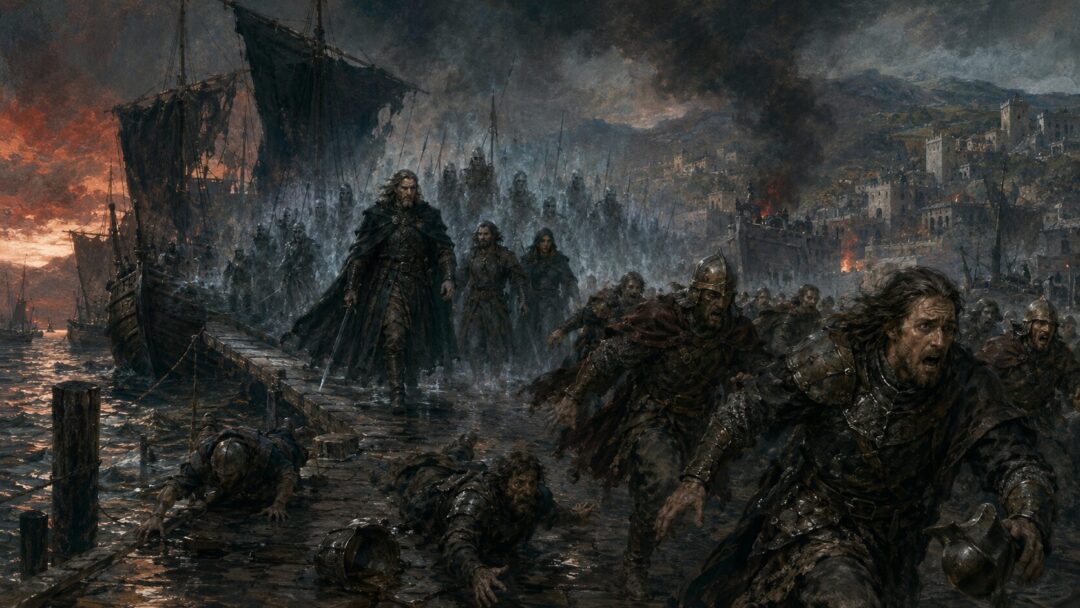 Corsairs flee from Pelargir as Aragorn leads the shadow-host toward the river landing.