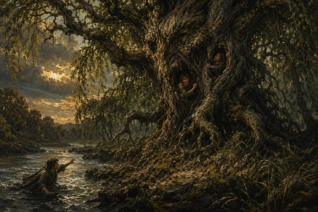 Old Man Willow trapping the Hobbits beside the winding River Withywindle