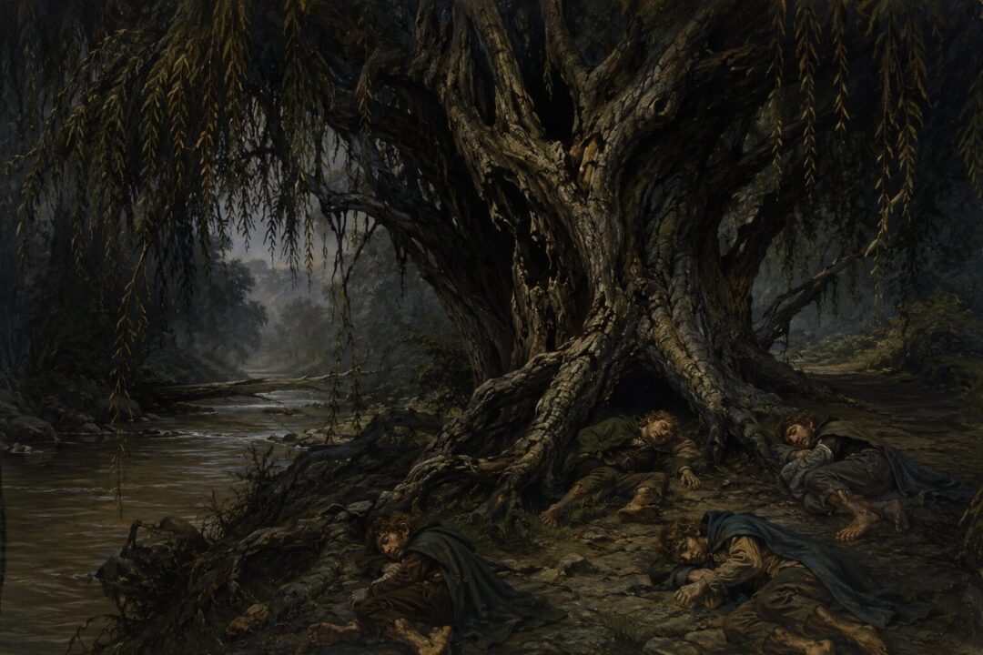 Old Man Willow looming over sleeping hobbits beside the Withywindle in the Old Forest
