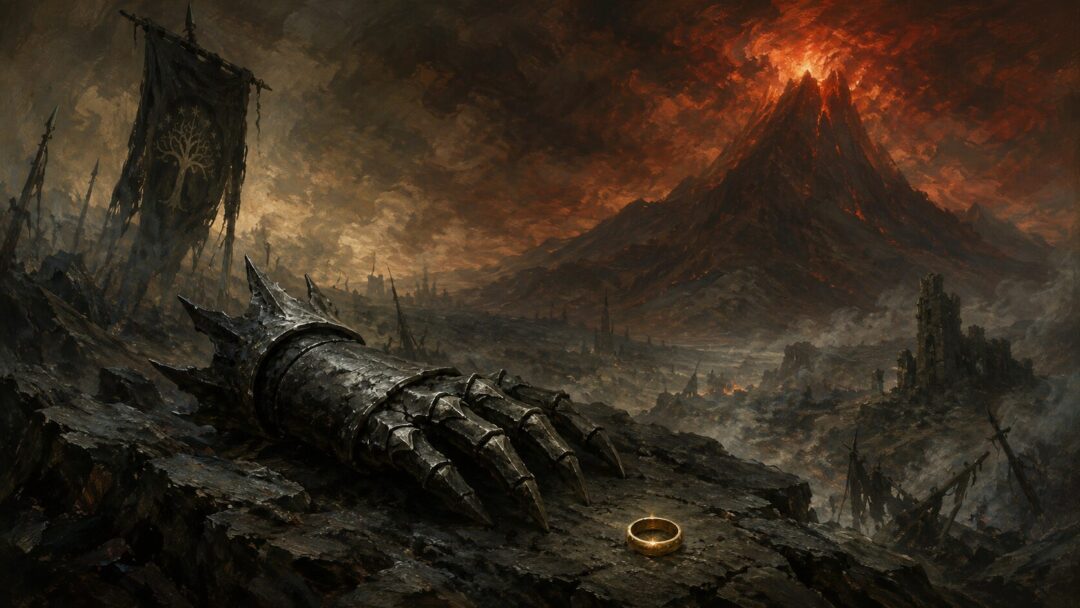The One Ring gleams beside ash and a severed dark hand after the Last Alliance.