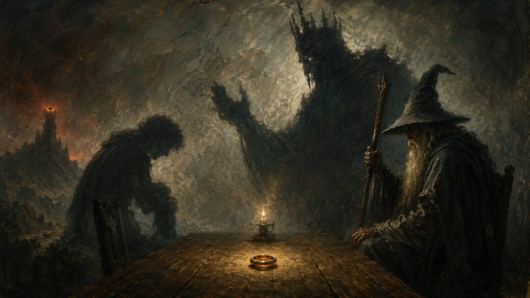 The One Ring lies between the shadow of a hobbit and the looming shadow of a wizard.