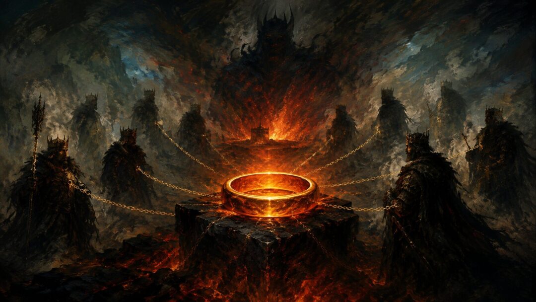 The One Ring glows in Orodruin as nine mortal kings are symbolically bound by its power.