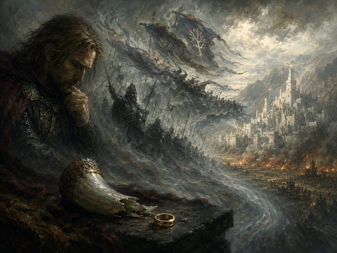 The One Ring lies beside Boromir’s broken horn as ghostly armies and a besieged white city rise above it.