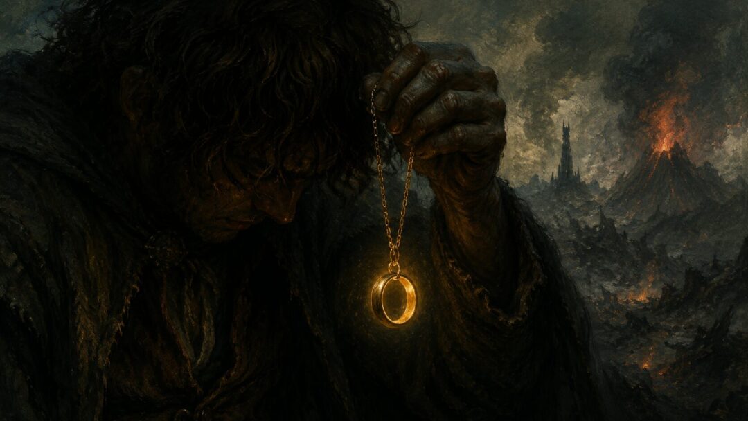 The One Ring hangs from a chain against a dark hobbit chest, glowing faintly as the surrounding world fades into ash and shadow.