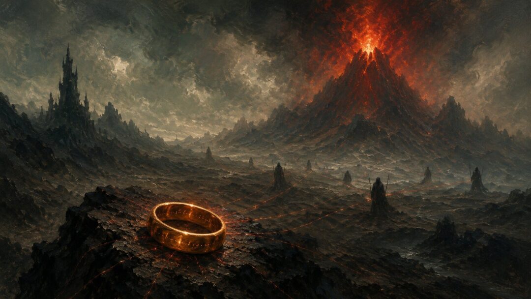 The One Ring on volcanic stone with faint lines of power suggesting Sauron’s system of domination.