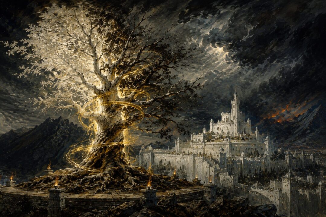 The White Tree of Gondor symbolically ensnared by the corrupting influence of the One Ring.