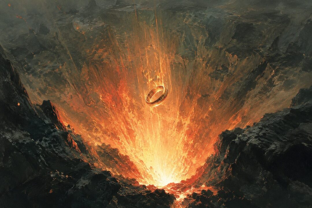 The One Ring dissolving in the fires of the Crack of Doom inside Mount Doom