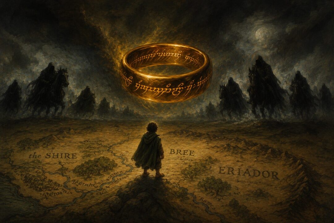 Symbolic depiction of the One Ring endangering the quest by drawing attention near Bree