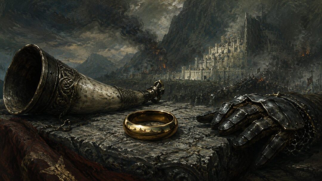 A plain golden ring rests beside a warrior’s horn and gauntlet, reflecting a distant besieged white city.