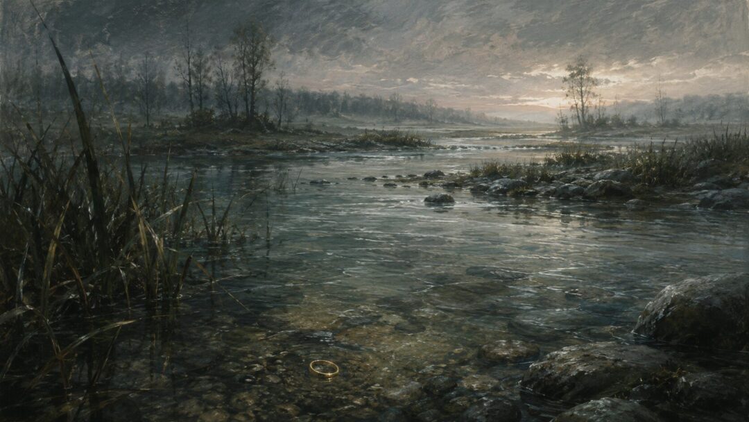 The One Ring lies half buried in river silt among the reeds of the Gladden Fields.