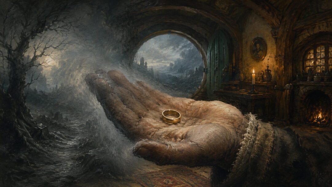 A plain golden ring in a hobbit hand as the hand begins to fade into a grey unseen world.