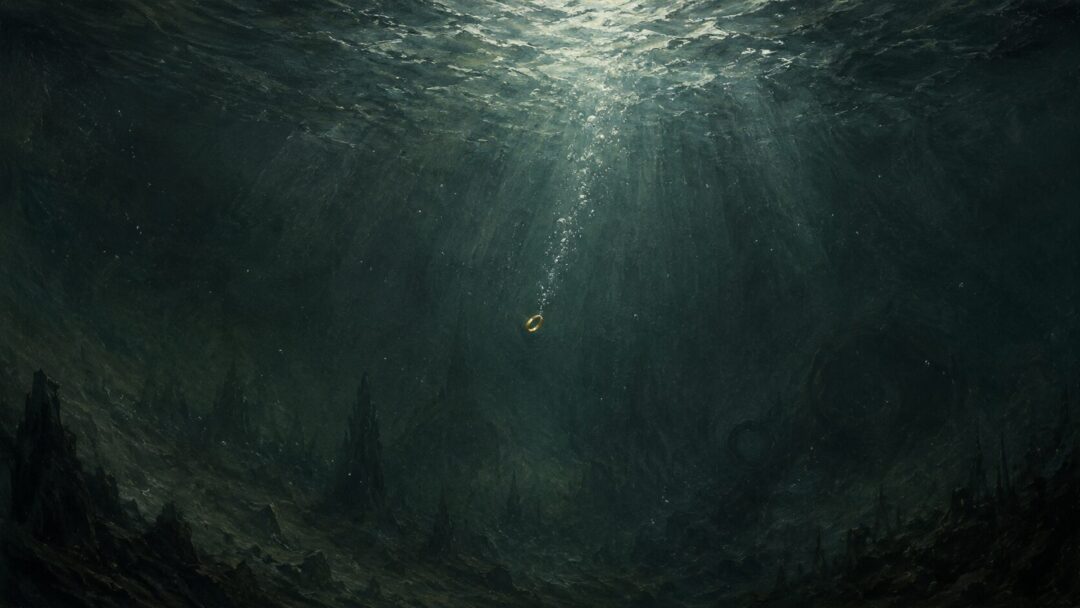 The One Ring sinks alone through dark sea water with mysterious depths below.