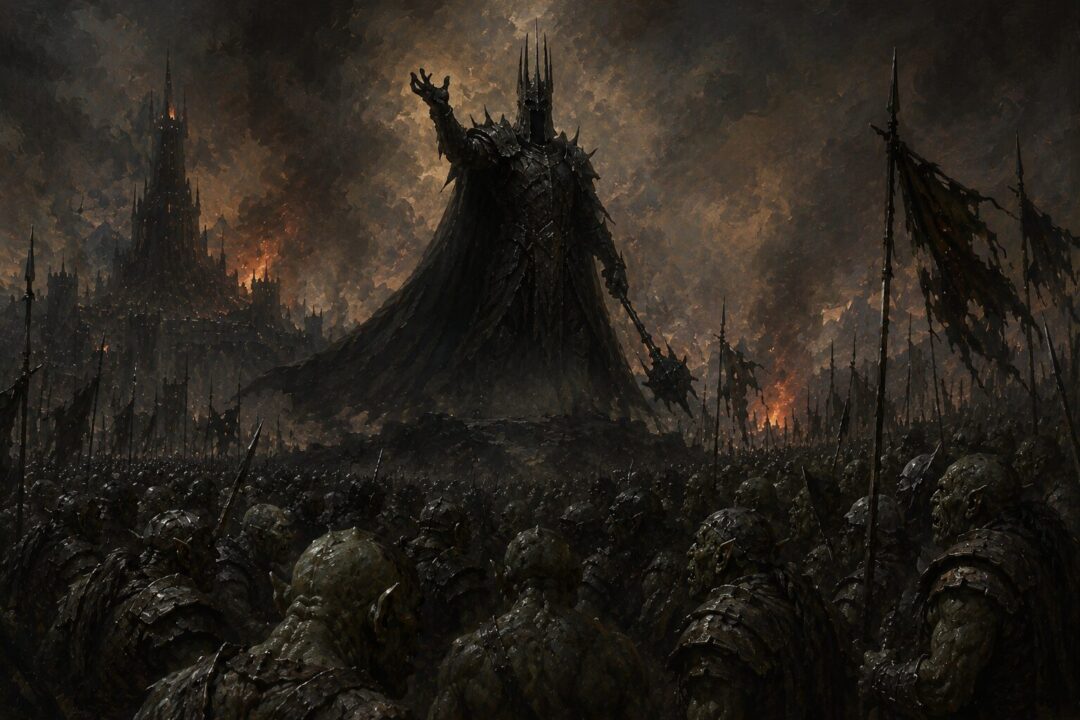 Orc armies breaking apart in panic after Sauron's power collapses with the destruction of the One Ring.