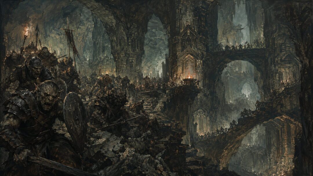 Orc forces gathering in the deep tunnels of Moria preparing for assault