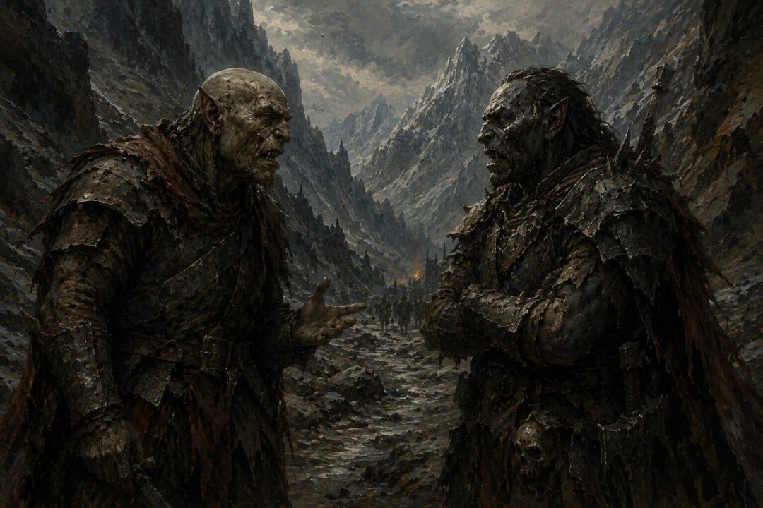 Two Orc captains speaking privately about survival and freedom from their dark masters.