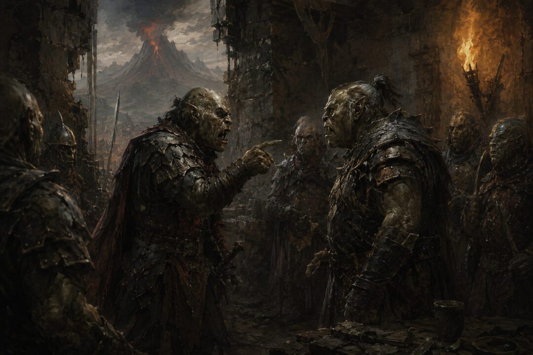 Orc captains arguing within a fortress of Mordor while their followers watch